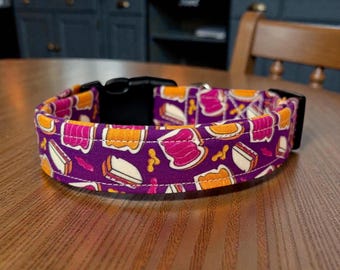 Peanut butter and jelly funny handmade food dog collar, adjustable side release, washable fabric, webbing core, customizable hardware, PB&J