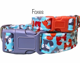 Dog Collar, girl dog collar, boy dog collar, fox dog collar, adjustable collar, fabric dog collar, fox, foxes, tiny foxes, orange, gray