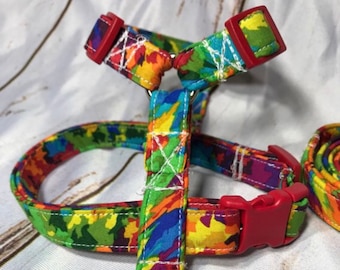 Dog harness, Harness and leash set, step in harness, standard roman harness, dog harness set, colorful, paint splatter, rainbow, splashes