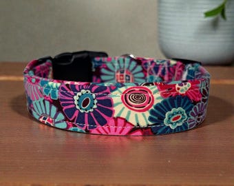 Purple, Teal, and Pink Floral Handmade dog collar: Washable fabric, adjustable side release, webbing core, customizable hardware