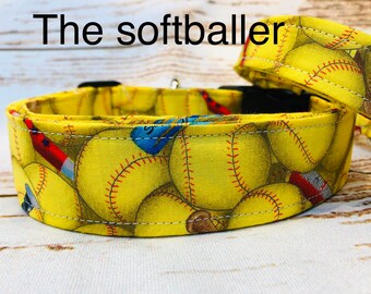 Softball dog collar, yellow, softballs, side release collar, fabric dog collar, adjustable collar, washable, unisex, female, softball team