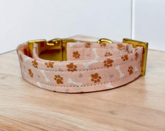 Personalized engraved Pink and gold paw print dog collar, side release metal hardware, handmade fabric dog collar with engraved metal buckle