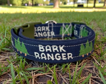 Bark ranger Funny handmade Dog Collar: adjustable side release,  Washable cotton Fabric, webbing core, customizable hardware