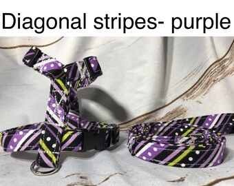 Dog harness, Harness and leash, step in harness, standard harness, dog harness set, dog halter, stripes, diagonal, striped, purple, green