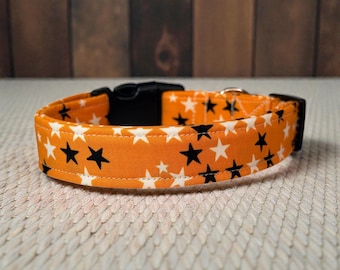 Stars on Orange Handmade dog collar: Washable fabric, adjustable side release, webbing core, customizable hardware, Wide dog collar