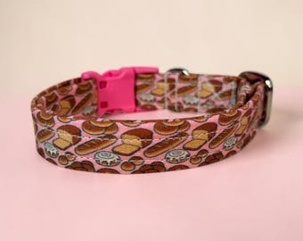 Bread Funny Food handmade dog collar, adjustable side release, washable cotton fabric, webbing core, customizable hardware color