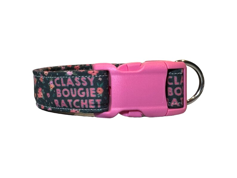 May include: A black dog collar with a pink floral print and the text "CLASSY BOUGIE RATCHET". The collar has a pink plastic buckle and a silver metal D-ring.