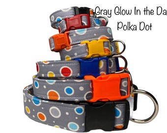 Dog collar, polka dot dog collar, gray, orange, red, blue, yellow, red,  glow in the dark dog collar, adjustable, nylon dog collar, unisex