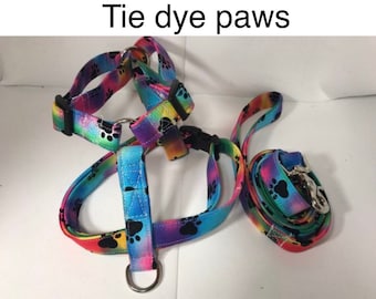 Dog harness, Harness and leash, step in harness, standard harness, dog harness set, adjustable harness, tie dye, paws, tie dye harness