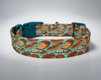 Bread Funny Food handmade dog collar, adjustable side release, washable cotton fabric, webbing core, customizable hardware color