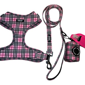 Pink Plaid Neoprene Dog Harness: Soft Adjustable Design, Funny Handmade Dog Collar