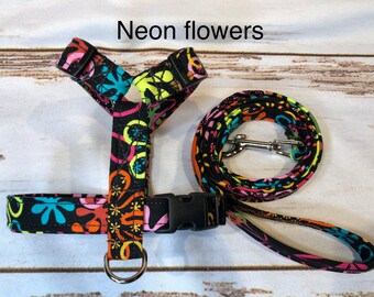 Dog harness, harness and leash, step in harness, standard harness, dog harness girl, dog harness set, adjustable harness, neon flowers