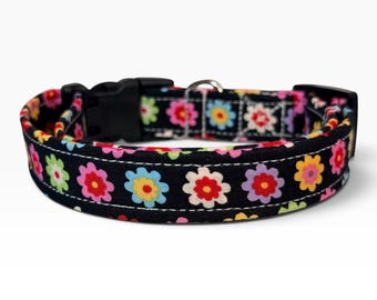 Rainbow Daisy handmade floral dog collar, adjustable side release, washable cotton fabric, webbing core, customizable hardware color