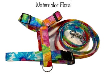 Watercolor floral dog harness and leash set, adjustable dog harness, standard Roman harness, step in harness, washable dog harness, rainbow