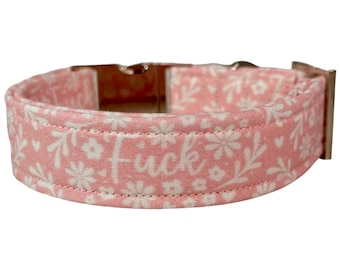 Personalized engraved floral fuck dog collar, side release metal hardware, handmade fabric dog collar with engraved metal buckle, adjustable