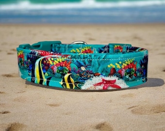 Ocean life Dog Collar, Handmade Adjustable dog Collar, Washable Fabric dog collar, Pet Accessory, Custom dog collar, side release collar