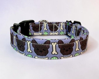 Chocolate French Bulldog Funny handmade dog collar: Adjustable side release, washable cotton fabric, webbing core, customizable hardware