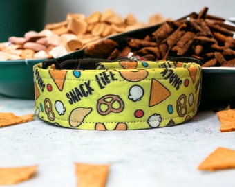 Snack life dog collar, funny dog collar, food dog collar, side release adjustable collar, washable dog collar, handmade dog collar, yellow