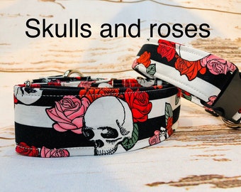 Skull and roses dog collar, skull dog collar, rose dog collar, black and white striped, washable, adjustable, fabric dog collar, skulls