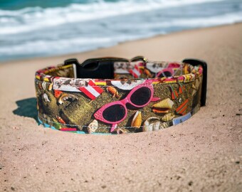 Beach Dog Collar: Handmade Adjustable Fabric Collar, funny dog collars, side release, washable