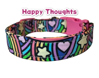 Rainbow dog collar, dog collar girl, stars and hearts, girly dog collar, designer dog collar, side release adjustable, cat collar, retro