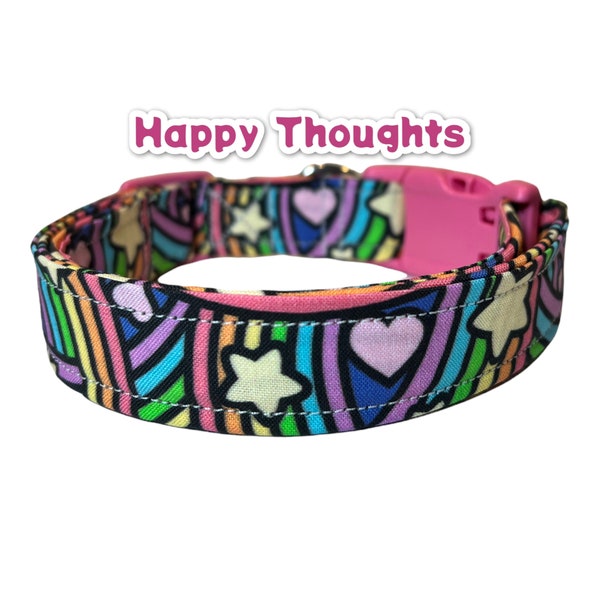 Rainbow dog collar, dog collar girl, stars and hearts, girly dog collar, designer dog collar, side release adjustable, cat collar, retro