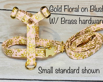 Dog harness, Harness and leash set, step in harness, standard harness, dog harness set, brass hardware, blush pink, adjustable dog harness
