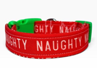 Naughty Christmas Handmade dog collar: Adjustable side release, washable cotton fabric, webbing core, customizable hardware color