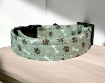 Personalized engraved sage green paw print dog collar, side release metal hardware, handmade fabric dog collar with engraved metal buckle