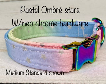 Dog Collar, adjustable dog collar, ombré dog collar, metal buckle, neo chrome, buckle dog collar, pastel dog collar, pastel stars