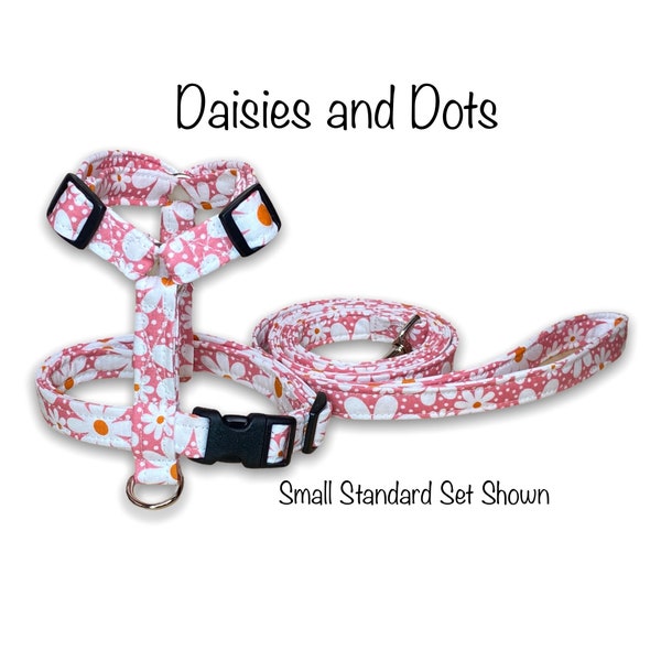 Daisy dog harness and leash set, floral dog harness, polka dots, dog harness girl, pink, step in, Roman,  adjustable, fabric dog harness