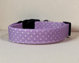 Light Purple Polka Dot Handmade dog collar: Washable fabric, adjustable side release, webbing core, customizable hardware, wide dog collar