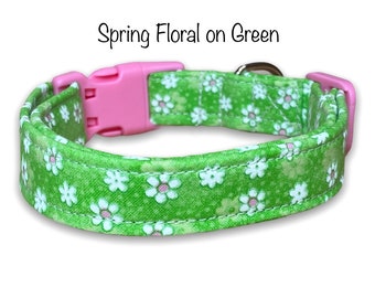 Floral dog collar, green dog collar, girl dog collar, female, flowers, cat collar, washable, adjustable dog collar, fabric collar, pink