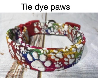 Dog collar, tie dye dog collar, paws, girl, boy, adjustable collar, side release collar, washable, tie dye paws, fabric dog collar, unisex