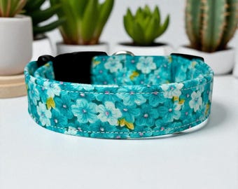 Turquoise Floral Dog Collar: Handmade, Cotton Fabric, Adjustable Side Release
