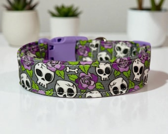 Handmade Skulls and Roses Dog Collar, Washable Fabric, Adjustable Pet Collar, handmade floral side release dog collar
