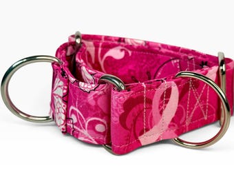 Breast Cancer Awareness handmade martingale dog collar, washable cotton fabric, adjustable, no buckle, stainless steel hardware, wide