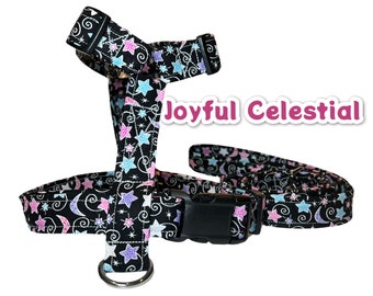 Celestial dog harness and matching leash, pet harness & leash set, standard roman harness, step in harness, adjustable washable pet harness