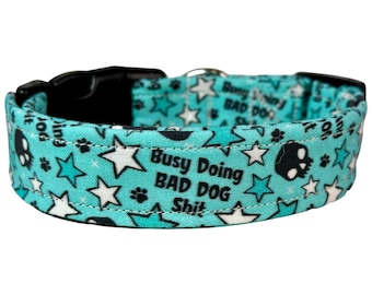 Doing bad dog shit dog collar, funny dog collar, obscene dog collar, adjustable washable collar, side release collar, handmade dog collar