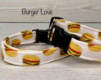 Hamburger dog collar, food dog collar, funny dog collar, burgers, washable, eco friendly, side release collar, adjustable collar, white