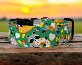 Raccoon with Junk Food dog collar, handmade side release collar, girl dog collar, boy dog collar, custom collar, washable adjustable collar