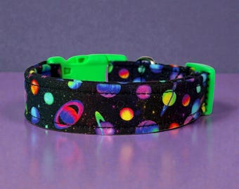 Neon Planets Celestial Handmade Funny dog collar: Washable fabric, adjustable side release, webbing core, customizable hardware, dog collar