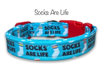 Socks are life dog collar, funny dog collar, adjustable, washable, eco friendly, fabric, side release, sock lover, sock dog collar, blue