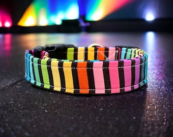 Rainbow striped dog collar, girl dog collar, boy dog collar, side release adjustable collar, washable dog collar, handmade dog collar