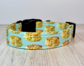 Biscuit Dog Collar: Funny Food Print, Adjustable Fabric, Handmade, funny dog collar, side release, washable, adjustable