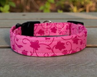Pink leaves and vines Handmade dog collar: Washable fabric, adjustable side release, webbing core, customizable hardware, wide dog collar