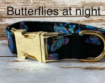 Dog Collar, adjustable collar, martingale collar, gold hardware, buckle dog collar, brass hardware, butterfly dog collar, butterflies