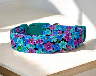 Purple teal floral dog collar, handmade fabric dog collar, side release adjustable dog collar, funny dog collars, washable, gifts for dogs