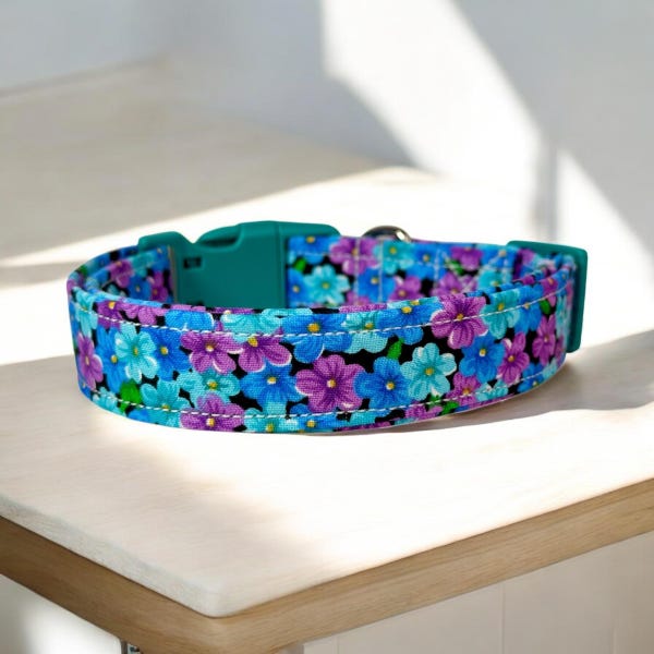 Handmade Purple Teal Floral Dog Collar: Adjustable, Fabric, Washable, handmade floral side release dog collar
