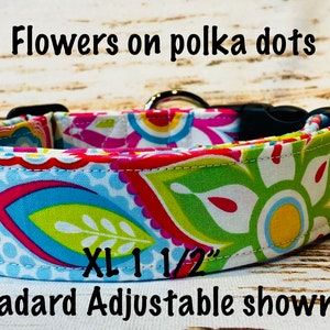 Floral Dog Collar: Blue Polka Dot, Adjustable Buckle CollarHandmade floral dog collar
